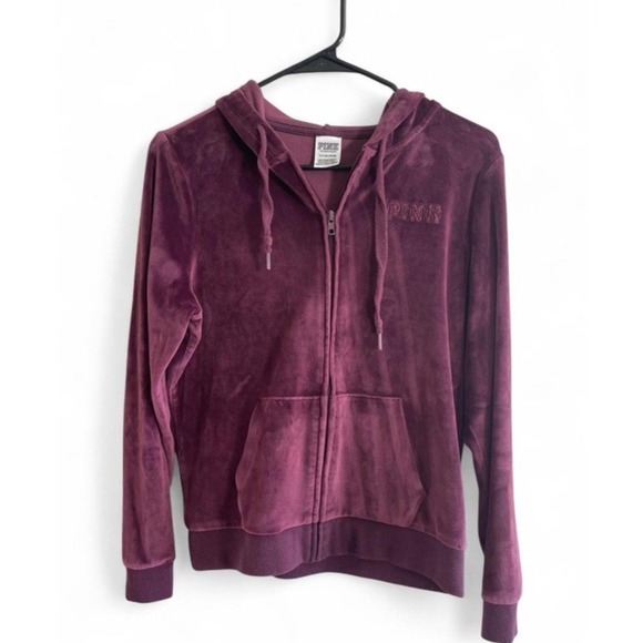 Victoria's Secret Tops - Victorias‎ Secret Pink Zip Up Velvet Hoodie Maroon Women's Small